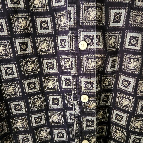 Men's Chaps Ralph Lauren XL Button Down Short Sleeve Navy Blue Paisley Squares - Picture 3 of 10